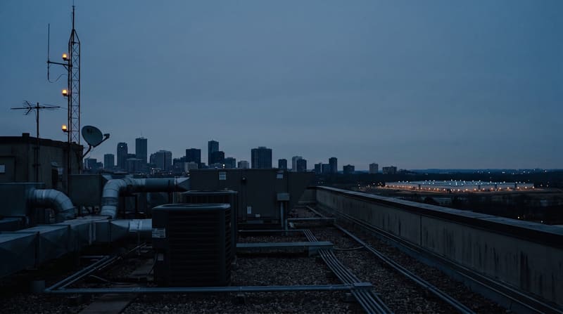 Rooftop infrastructure at dusk